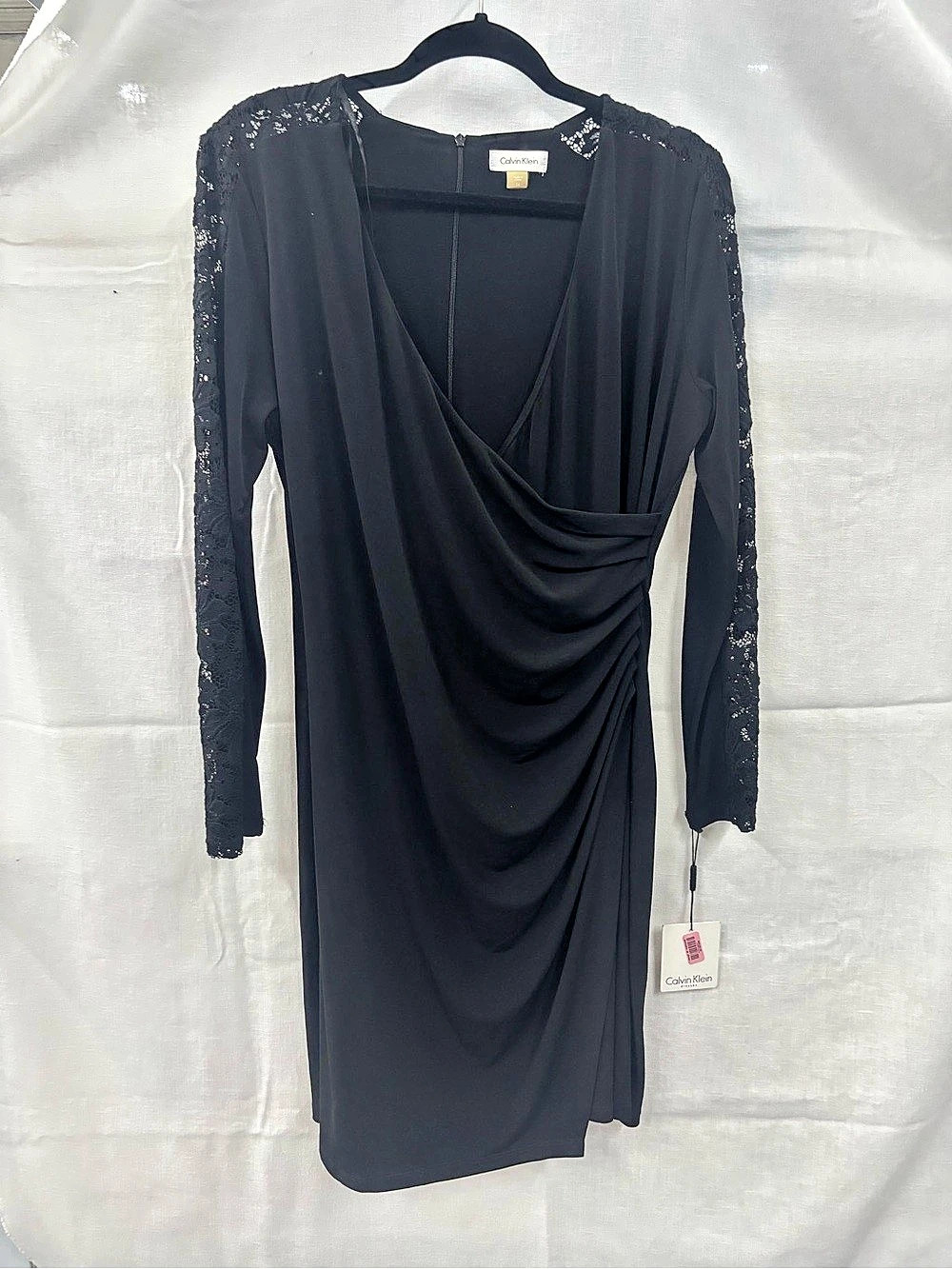 Calvin Klein Long-Sleeve Lace-Sleeve Faux Wrap Sheath Dress Black Size 14